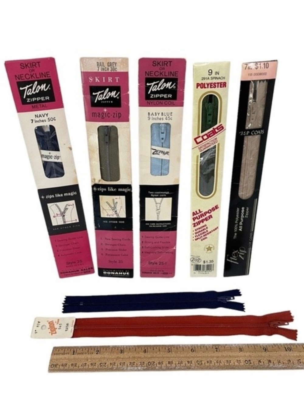 Vintage Zippers Lot of 7 Talon JP Coats Ziplon 7"-9" & Serval 25" Zipper
